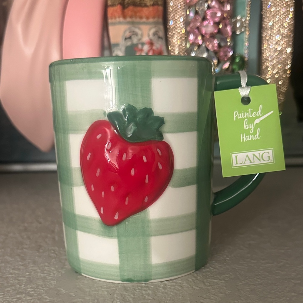 Handpainted Green and White Checkered Mug with Red Strawberry NWT
